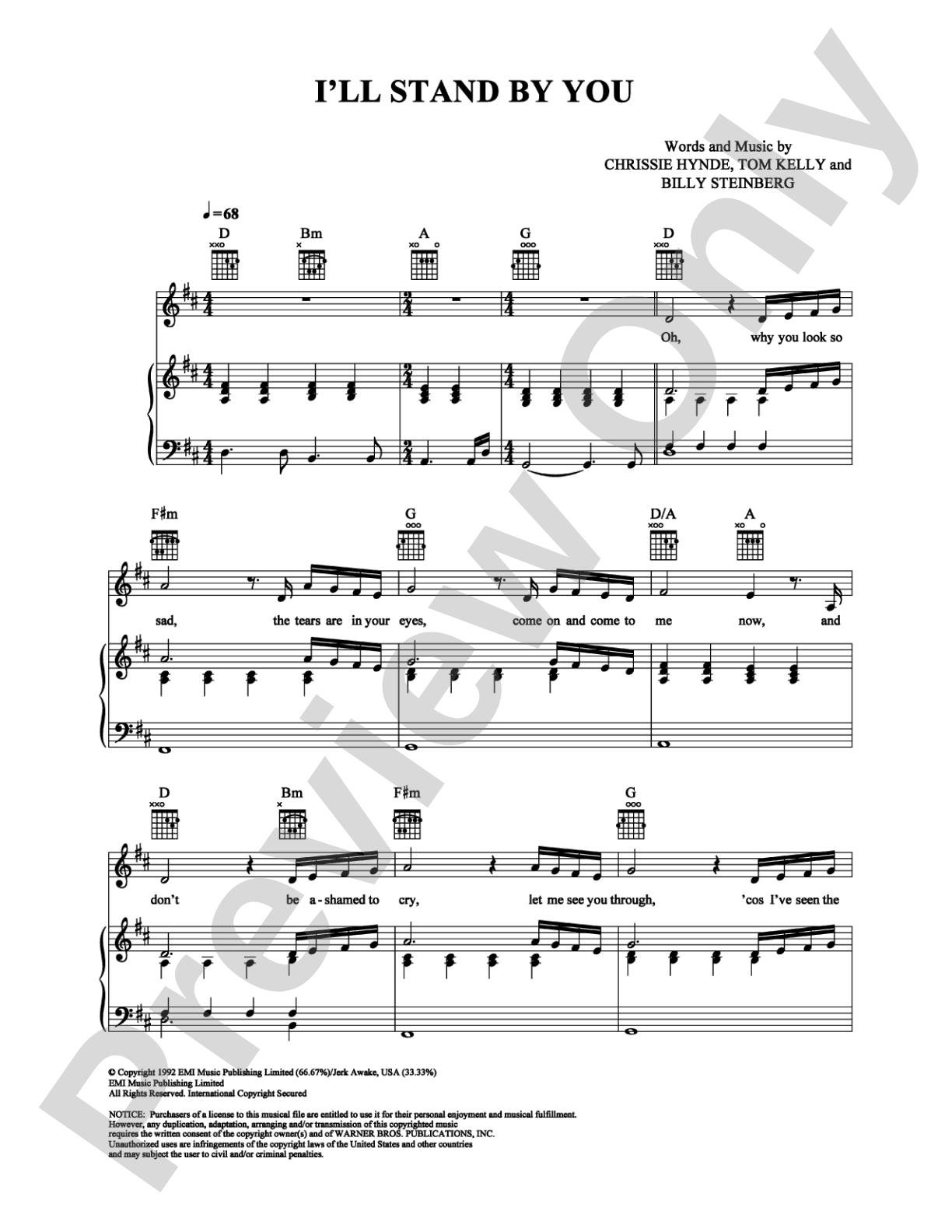 I'll Stand by You: Piano/Vocal/Chords Digital Sheet Music