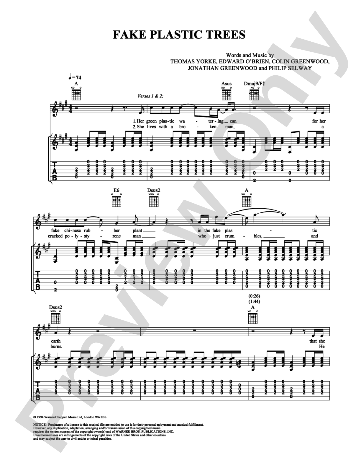 Fake Plastic Trees: Guitar TAB Digital Sheet Music
