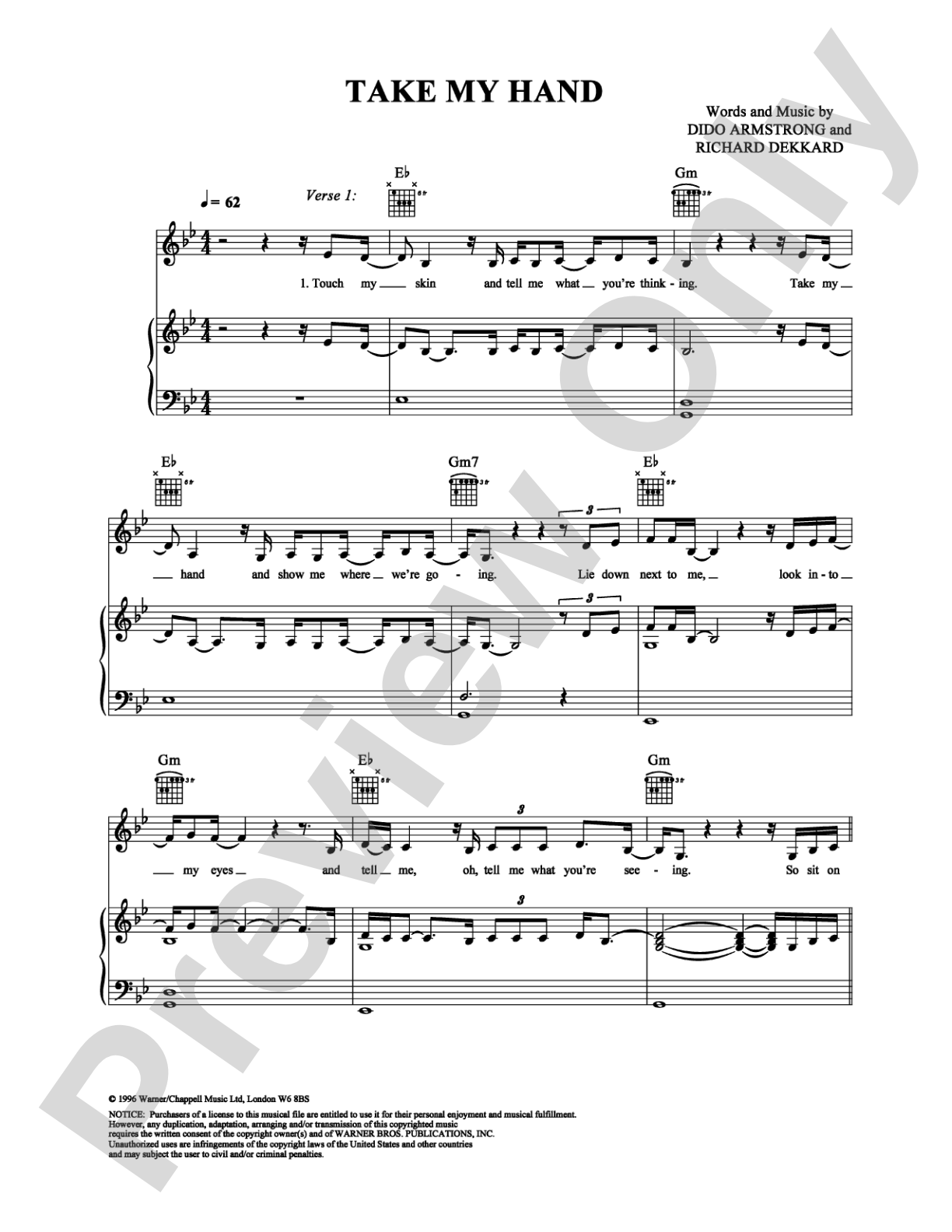 Take My Hand: Piano/Vocal/Chords Digital Sheet Music