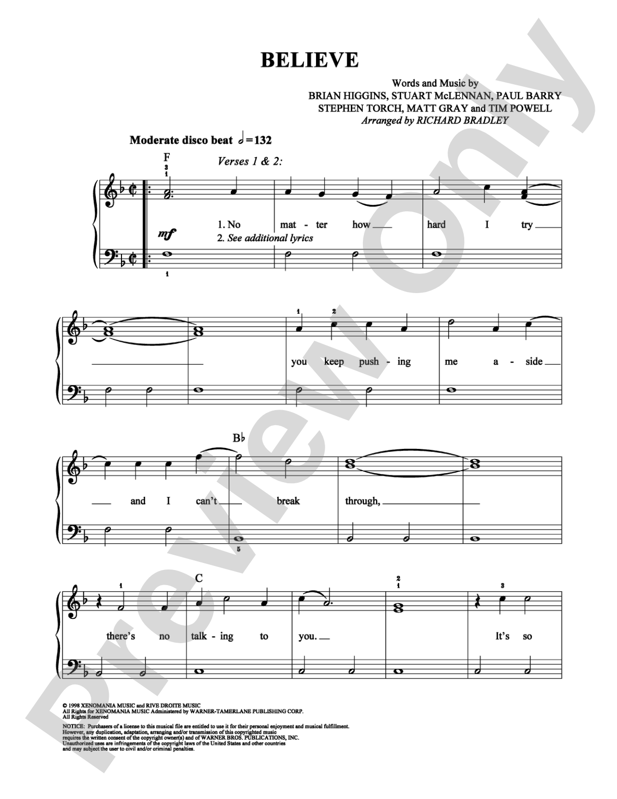 Believe: Easy Piano Digital Sheet Music