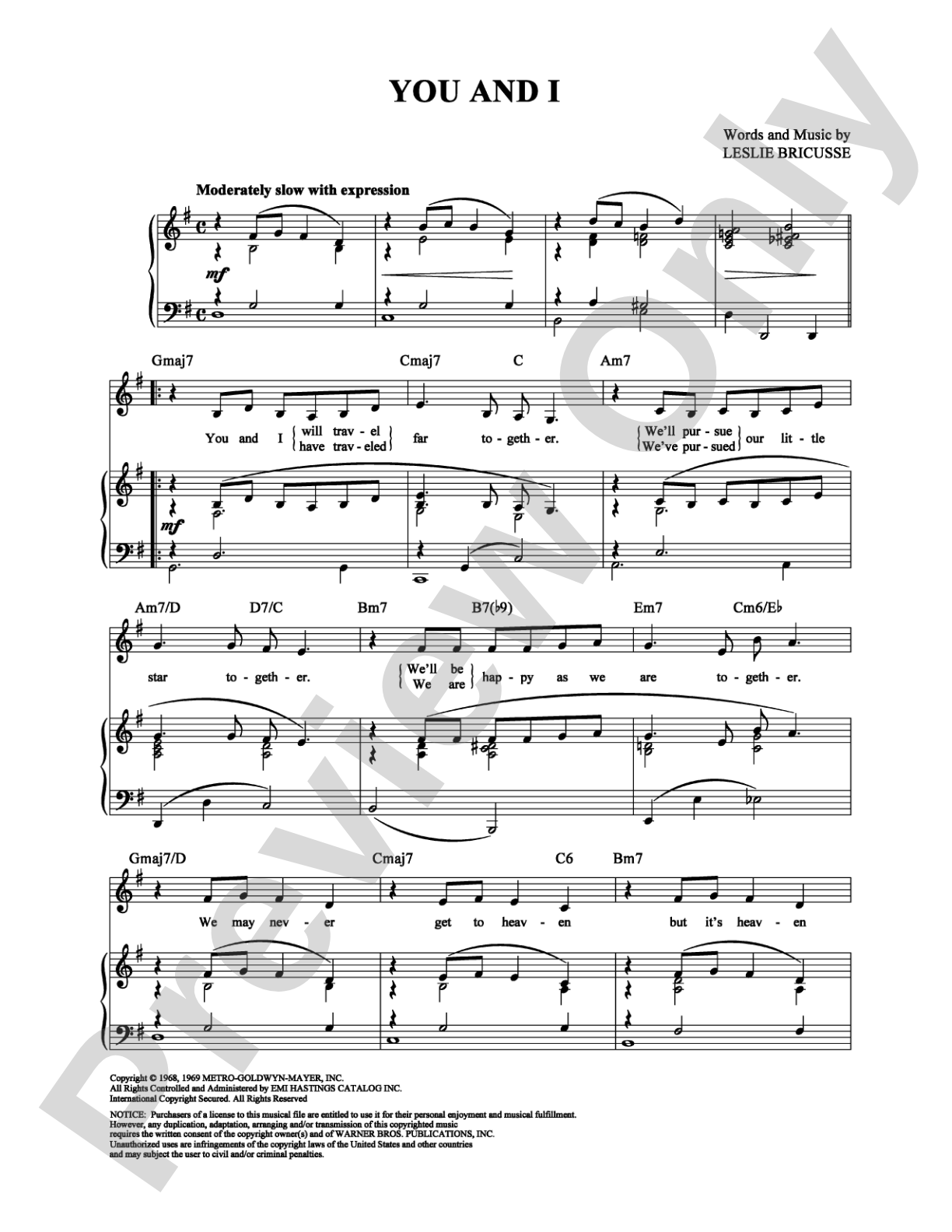 You and I: Piano/Vocal/Chords Digital Sheet Music