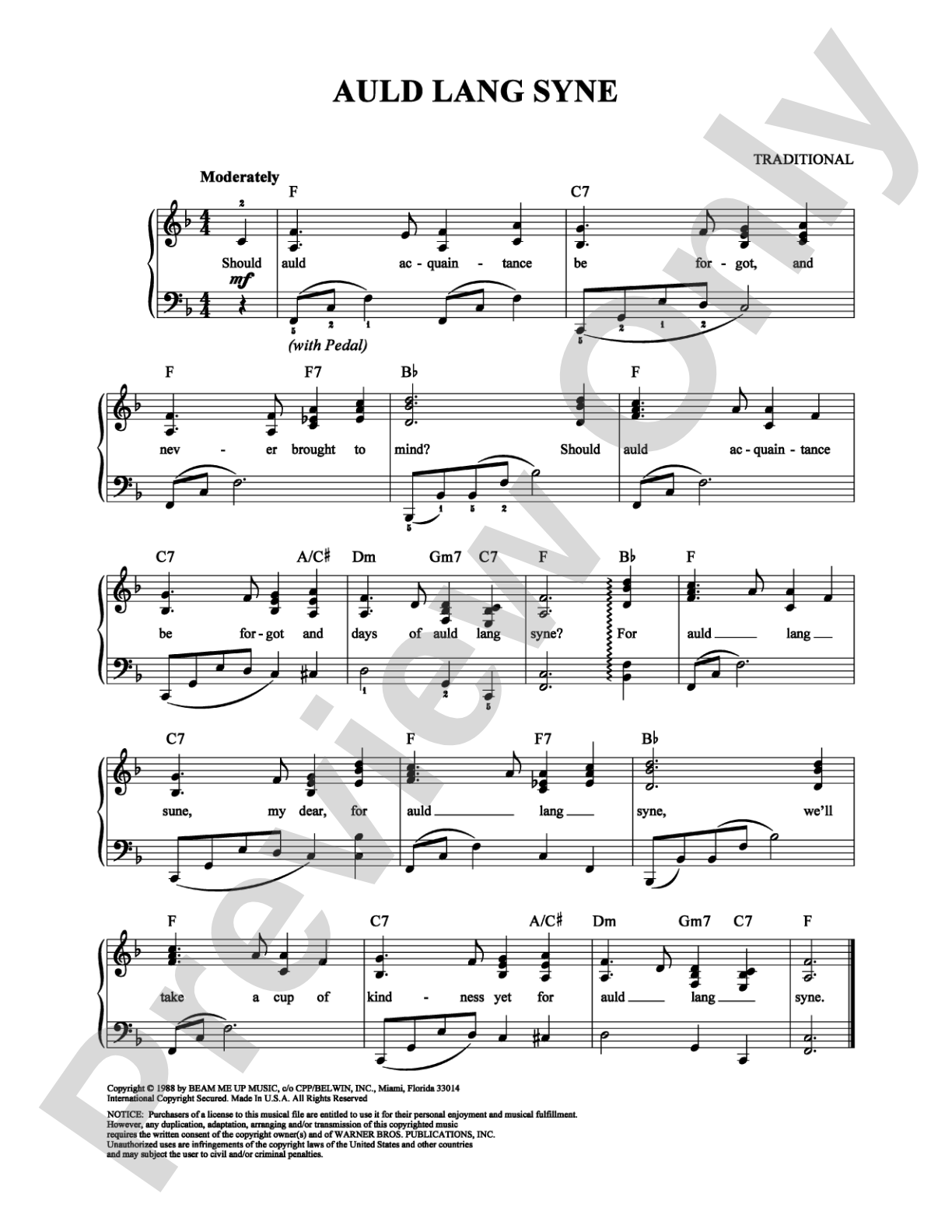 Auld Lang Syne: Easy Piano Digital Sheet Music