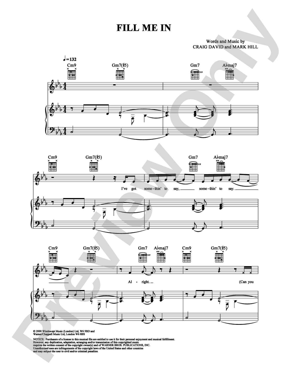 Fill Me In: Piano/Vocal/Chords Digital Sheet Music