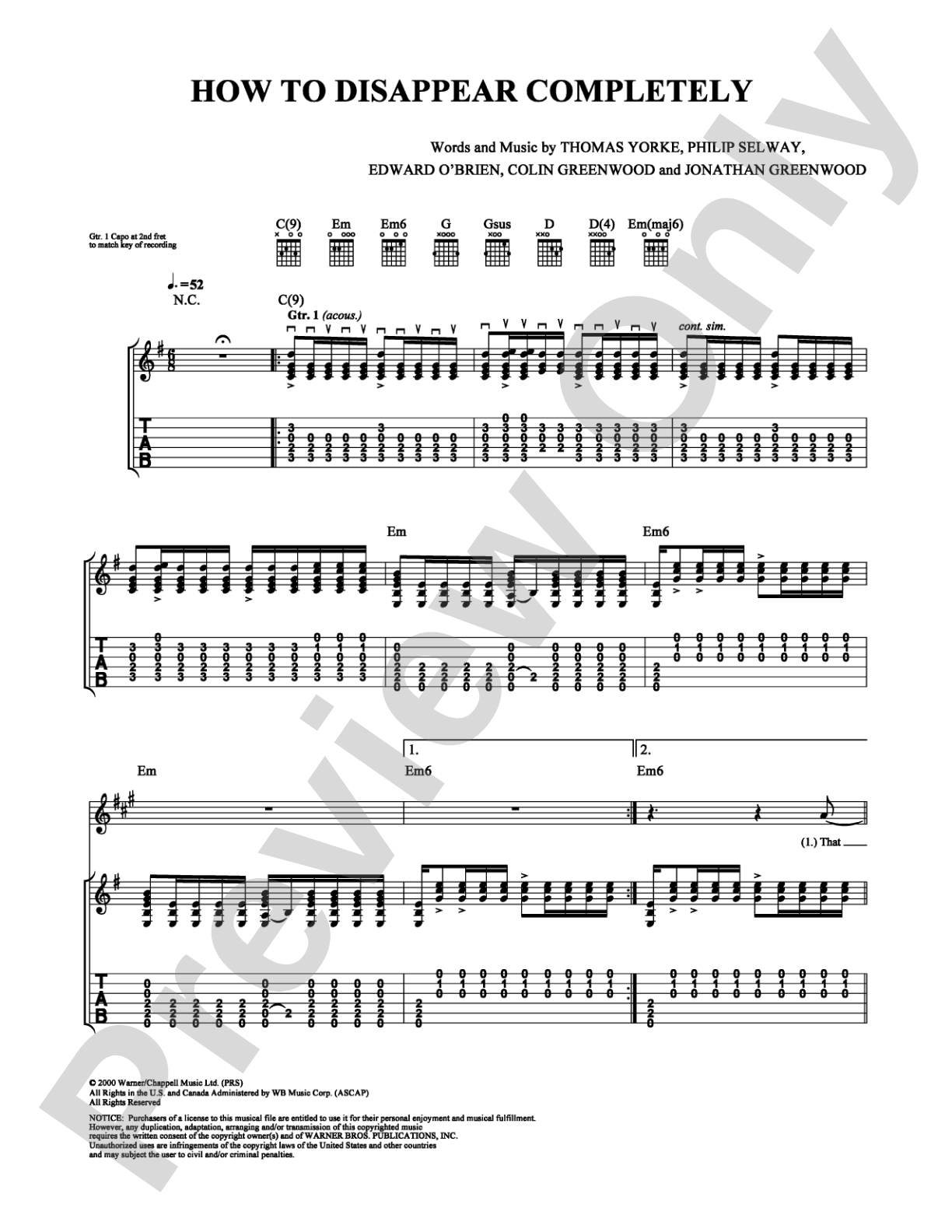 How to Disappear Completely: Guitar TAB Digital Sheet Music