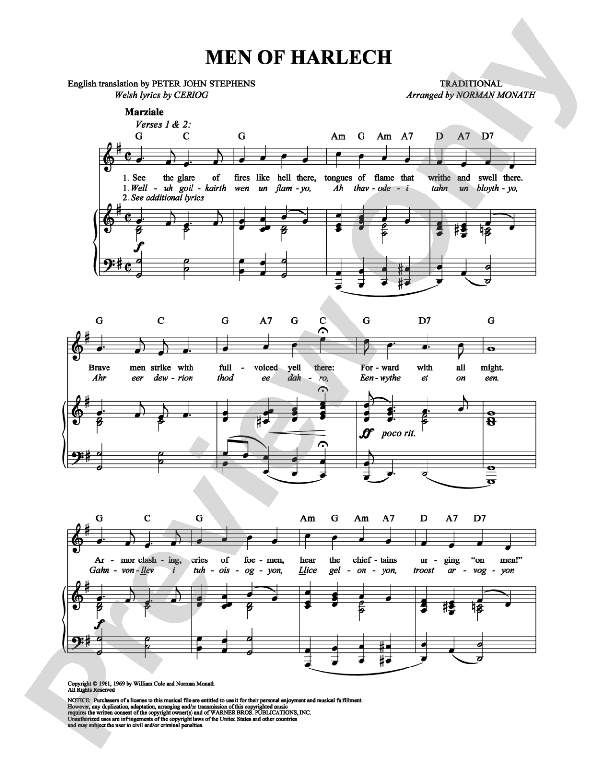 Men of Harlech: Piano/Vocal/Chords Digital Sheet Music