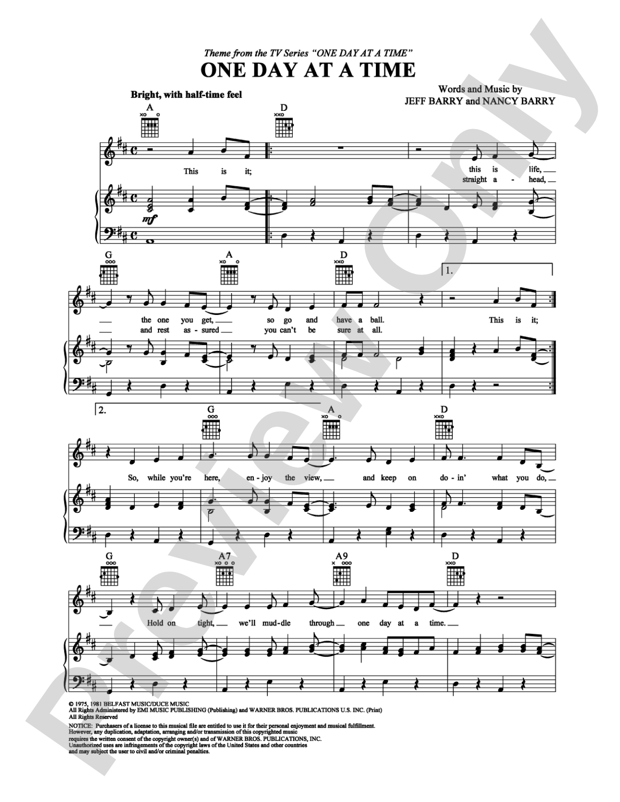 One Day At A Time: Piano/Vocal/Chords Digital Sheet Music