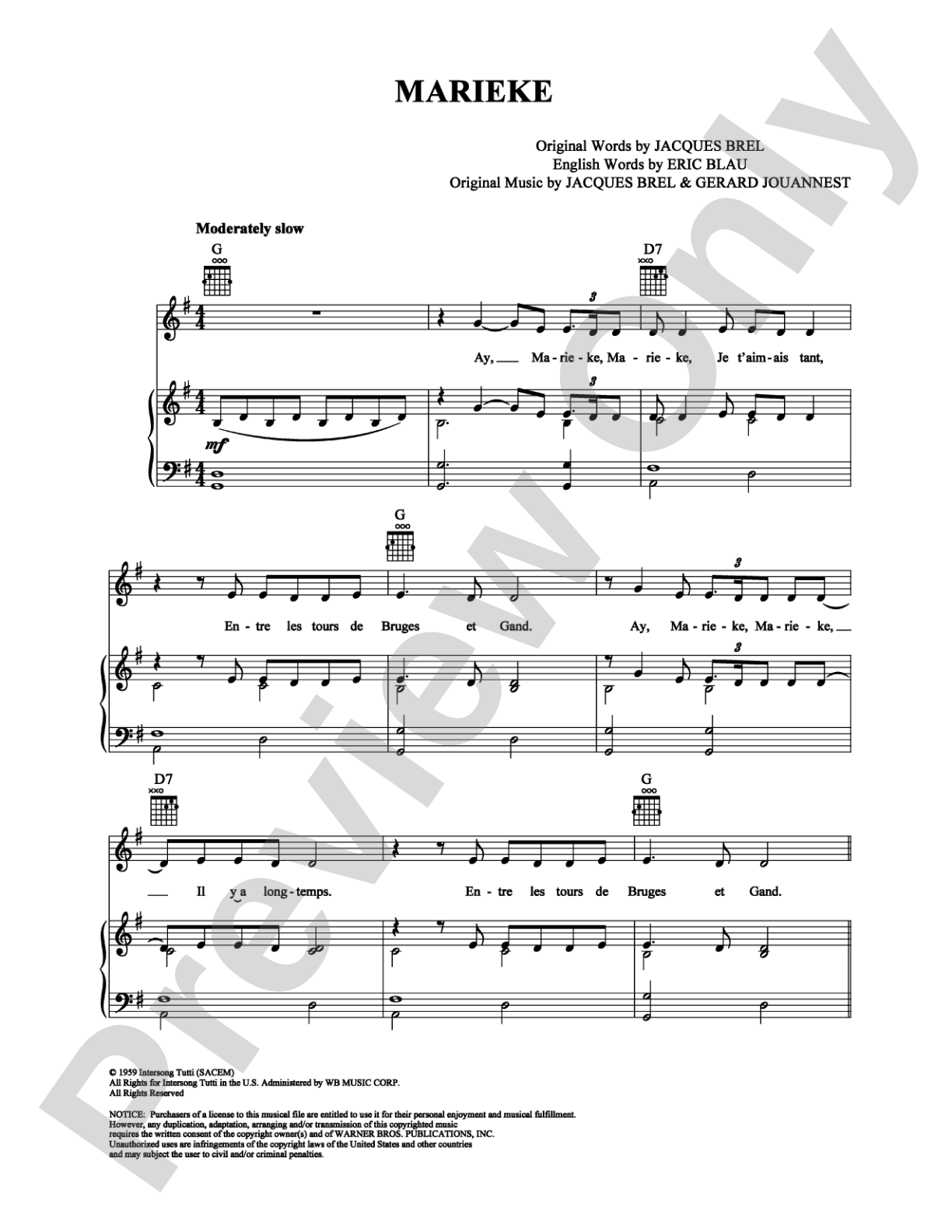 Marieke: Piano/Vocal/Chords Digital Sheet Music