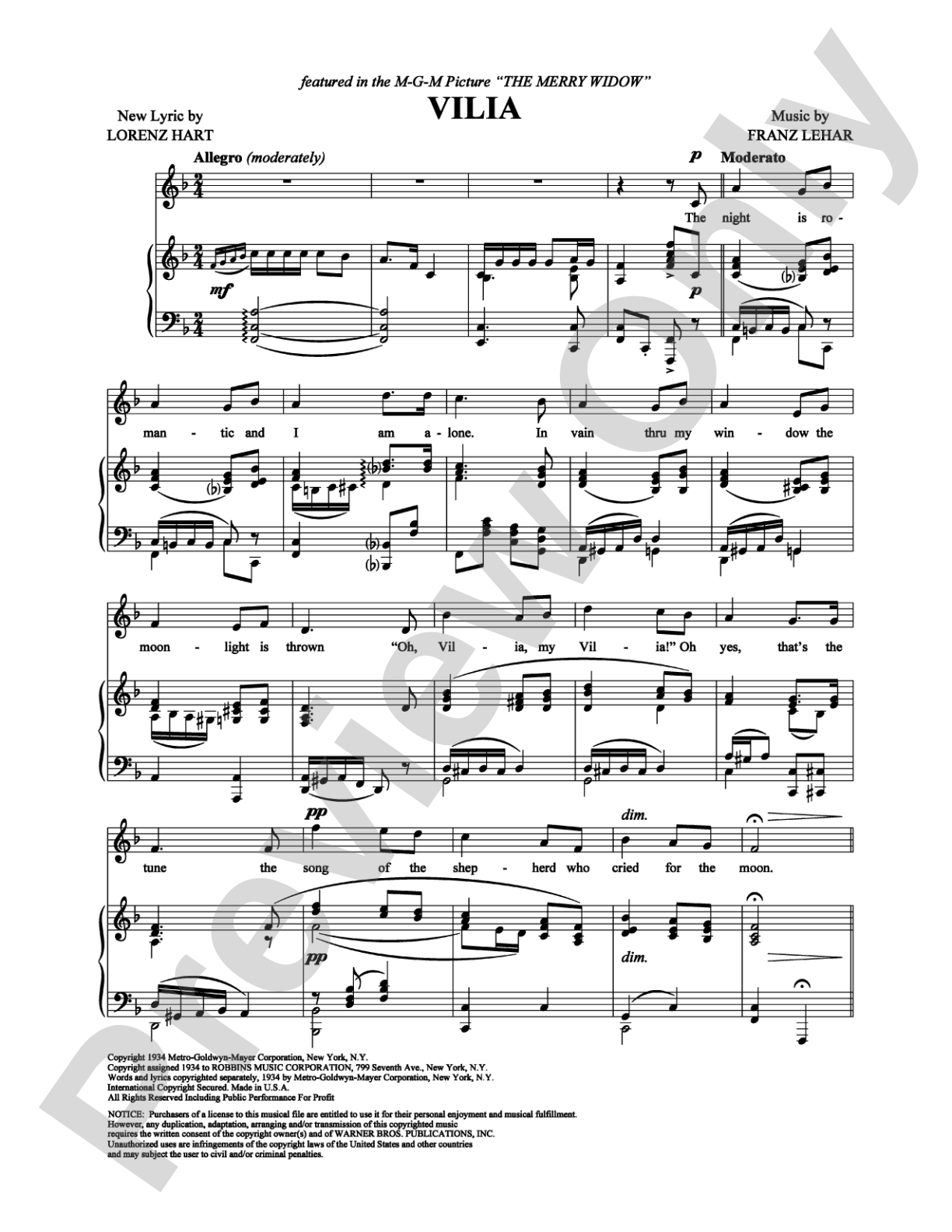 Vilia: Piano/Vocal/Chords Digital Sheet Music