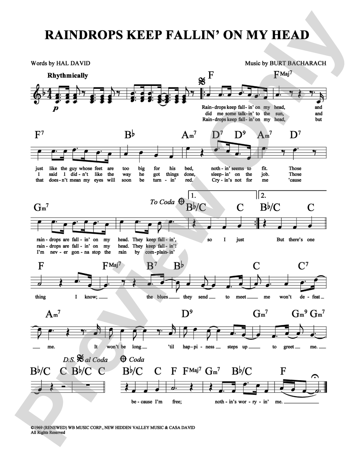 Raindrops Keep Fallin' On My Head: Lead Sheet Digital Sheet Music