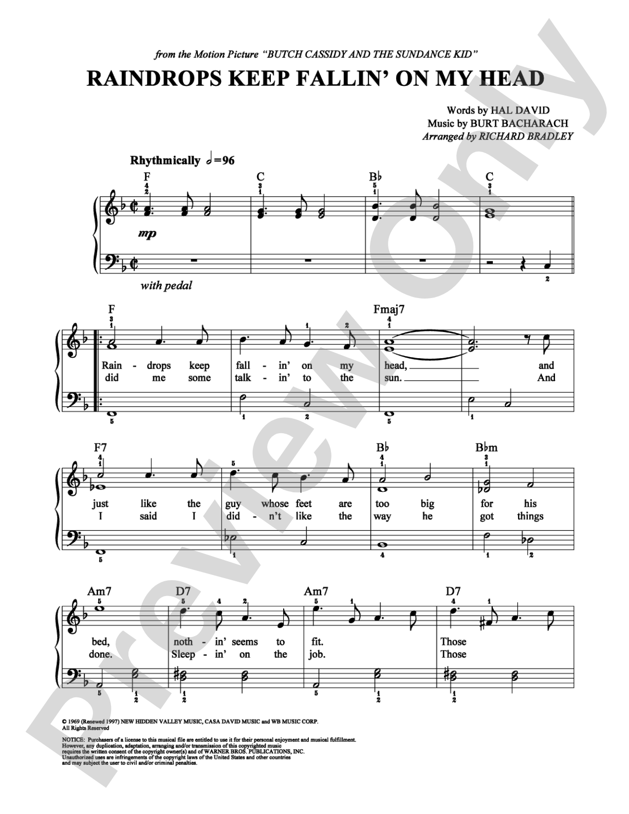 Raindrops Keep Fallin' on My Head: Easy Piano Digital Sheet Music