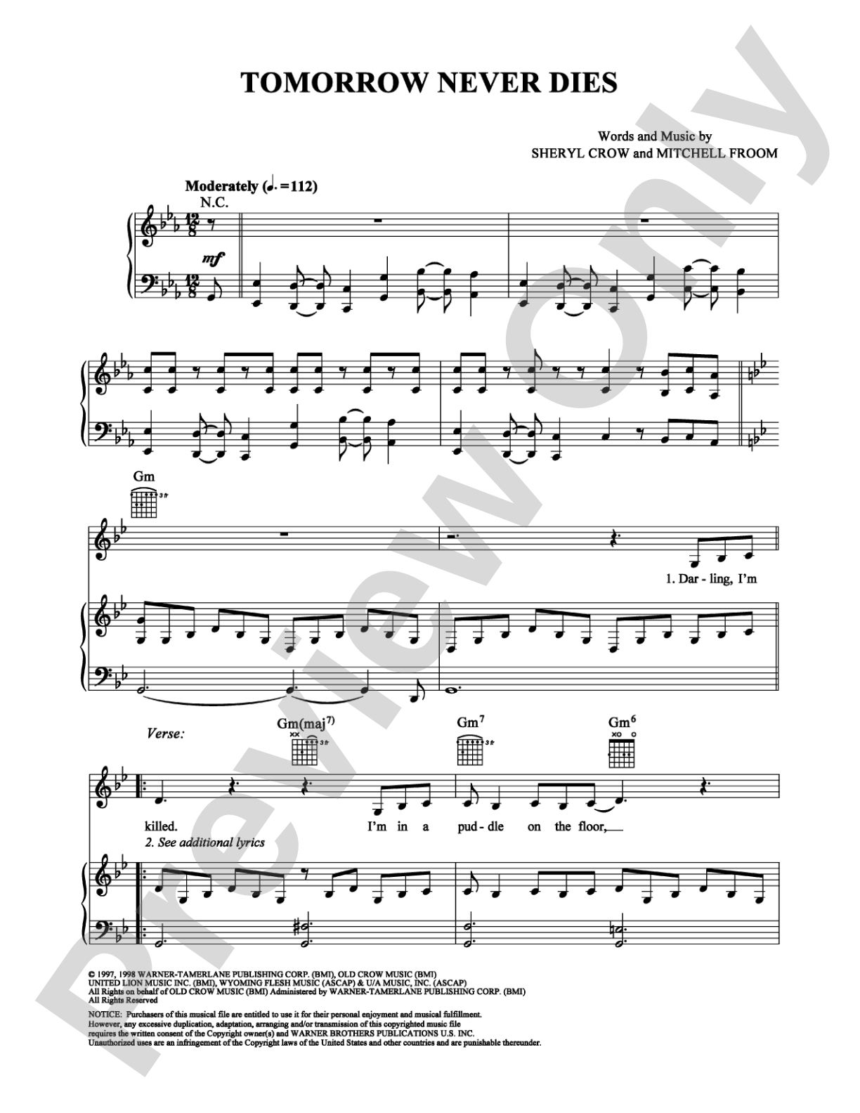 Tomorrow Never Dies: Piano/Vocal/Chords Digital Sheet Music