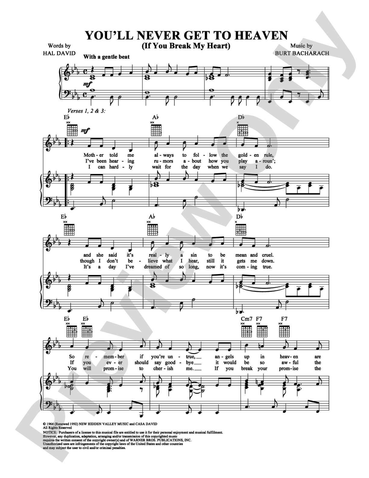 You'll Never Get to Heaven (If You Break My Heart): Piano/Vocal/Chords Digital Sheet Music