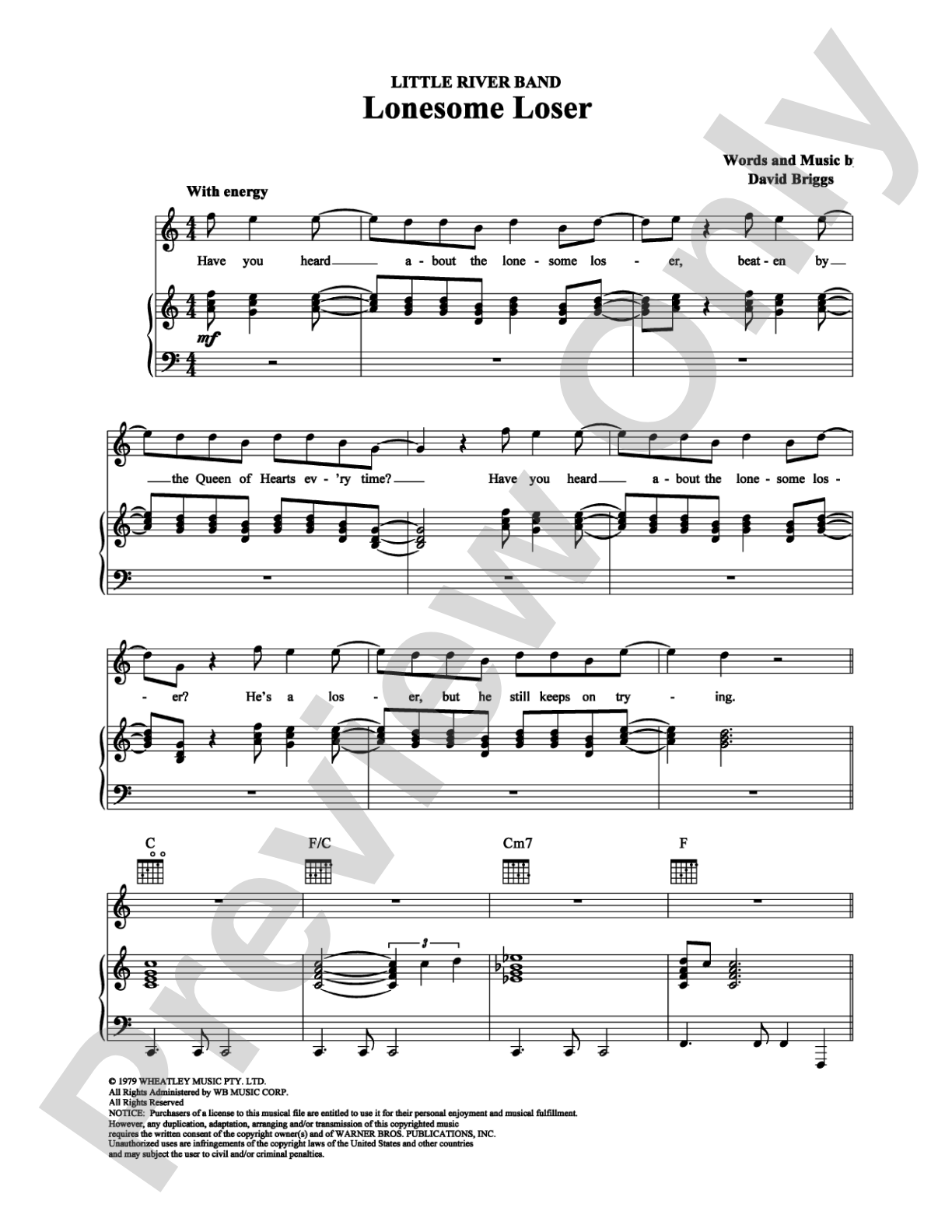 Lonesome Loser: Piano/Vocal/Chords Digital Sheet Music
