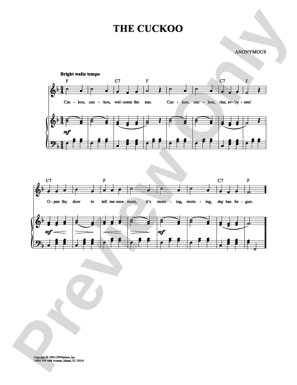 The Cuckoo: Piano/Vocal/Chords Digital Sheet Music