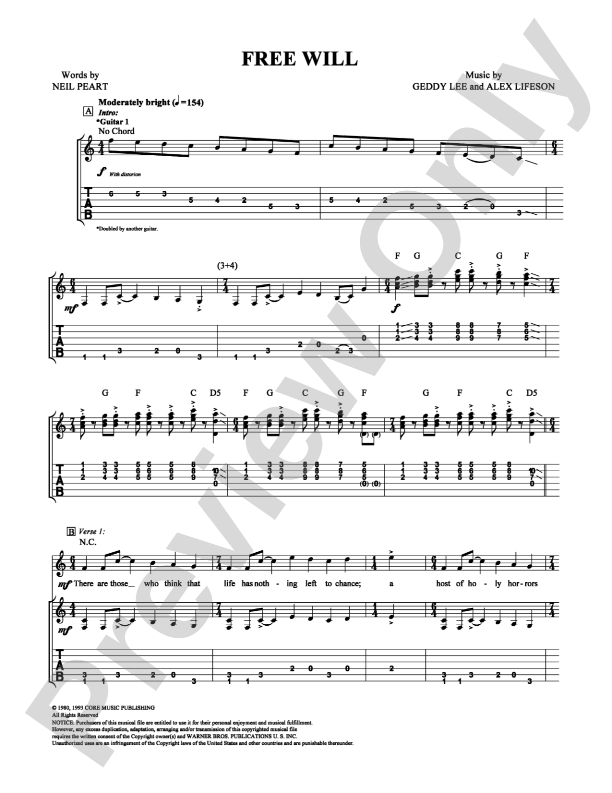 Free Will: Guitar TAB Digital Sheet Music