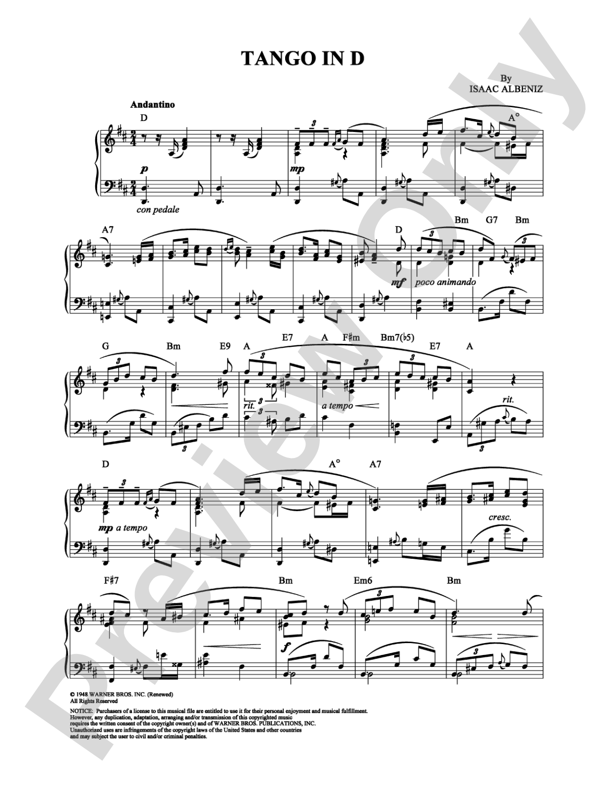 Tango In D: Piano Digital Sheet Music