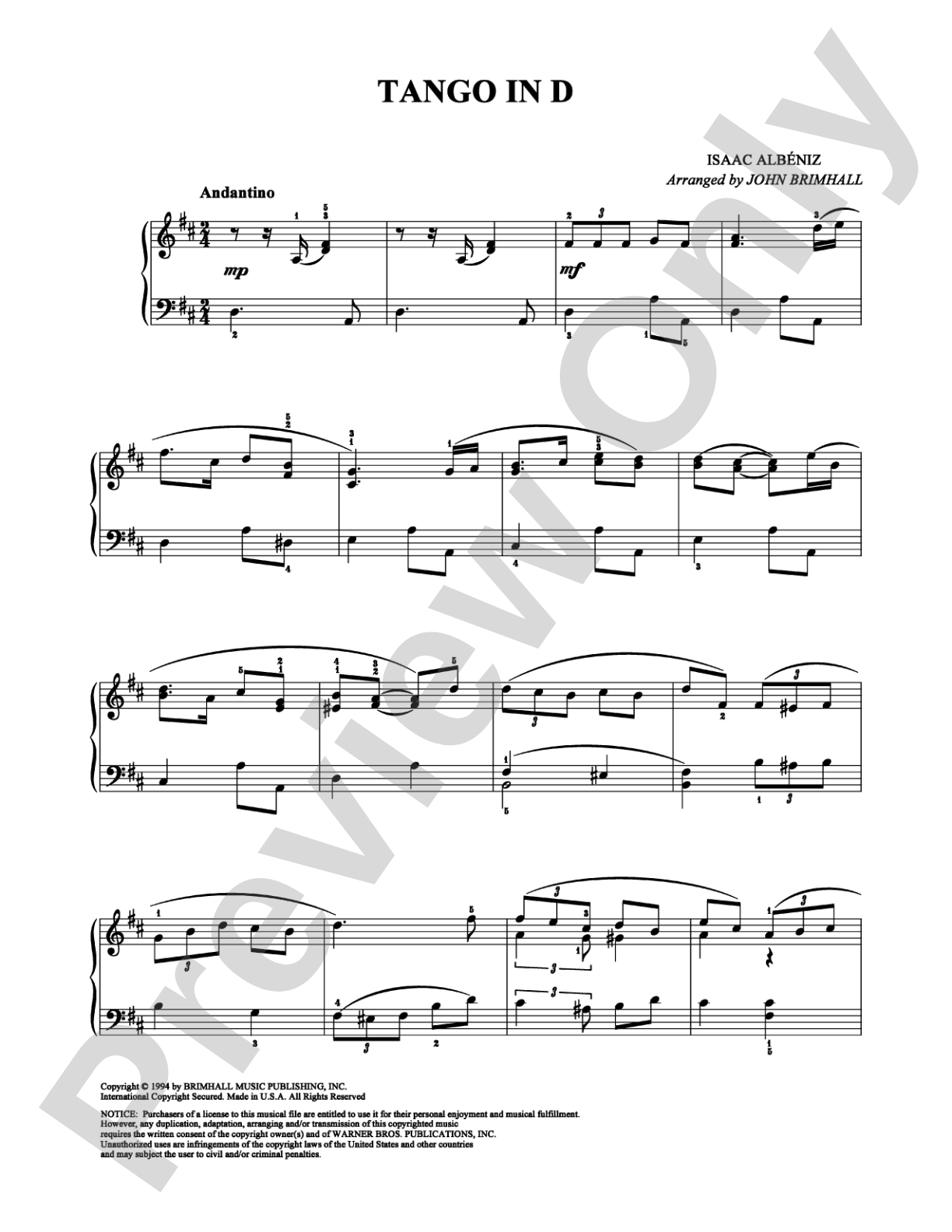 Tango In D: Easy Piano Digital Sheet Music