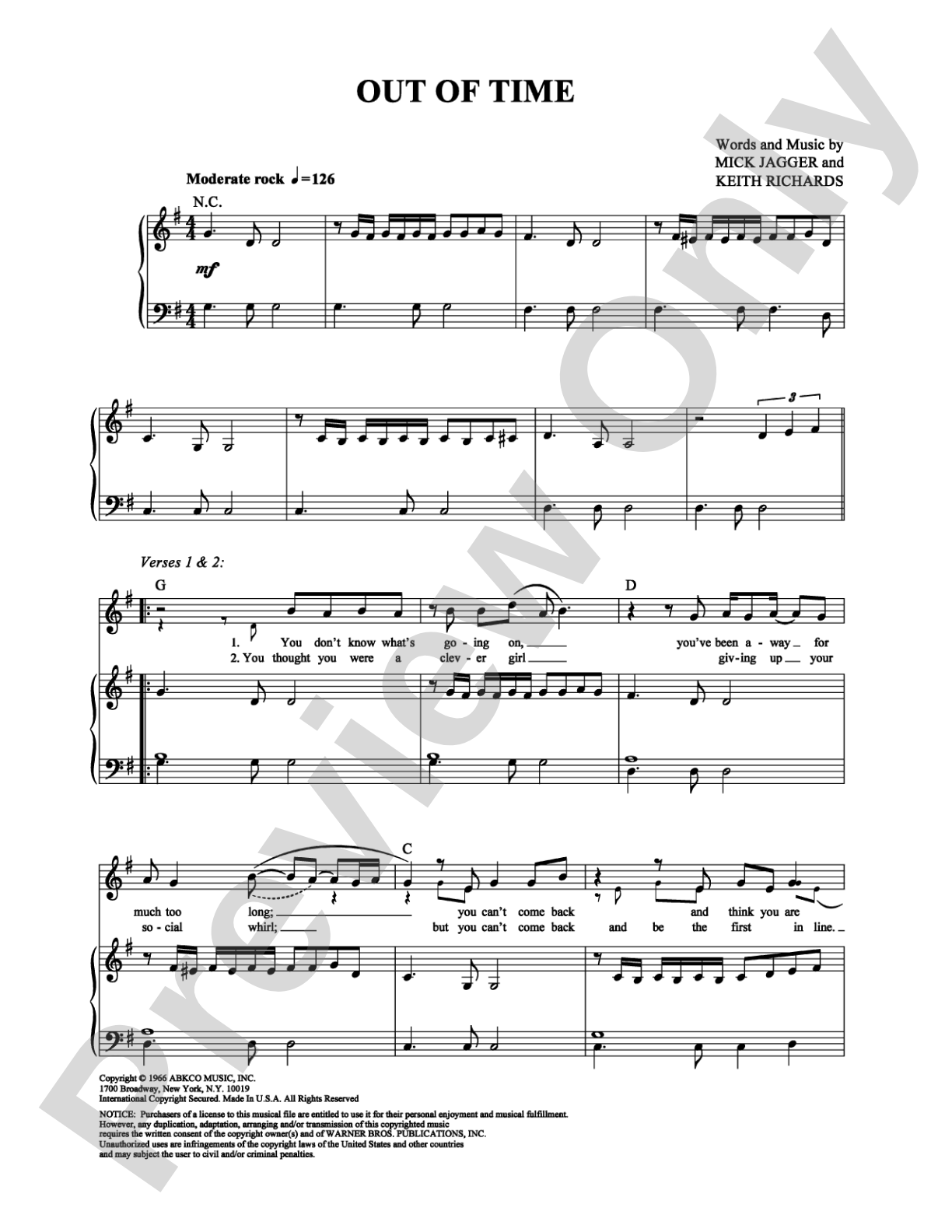 Out of Time: Piano/Vocal/Chords Digital Sheet Music