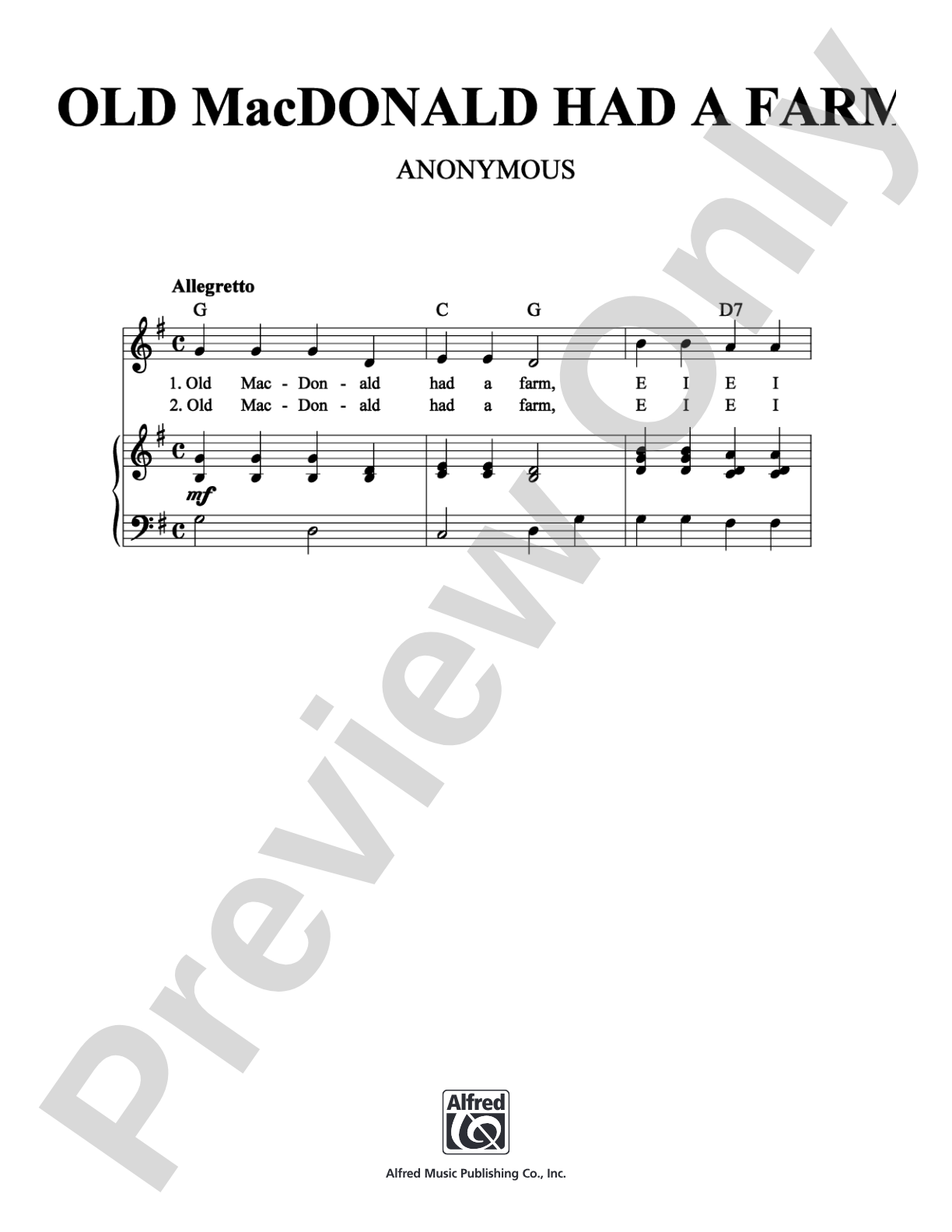 Old MacDonald Had a Farm: Piano/Vocal/Chords Digital Sheet Music