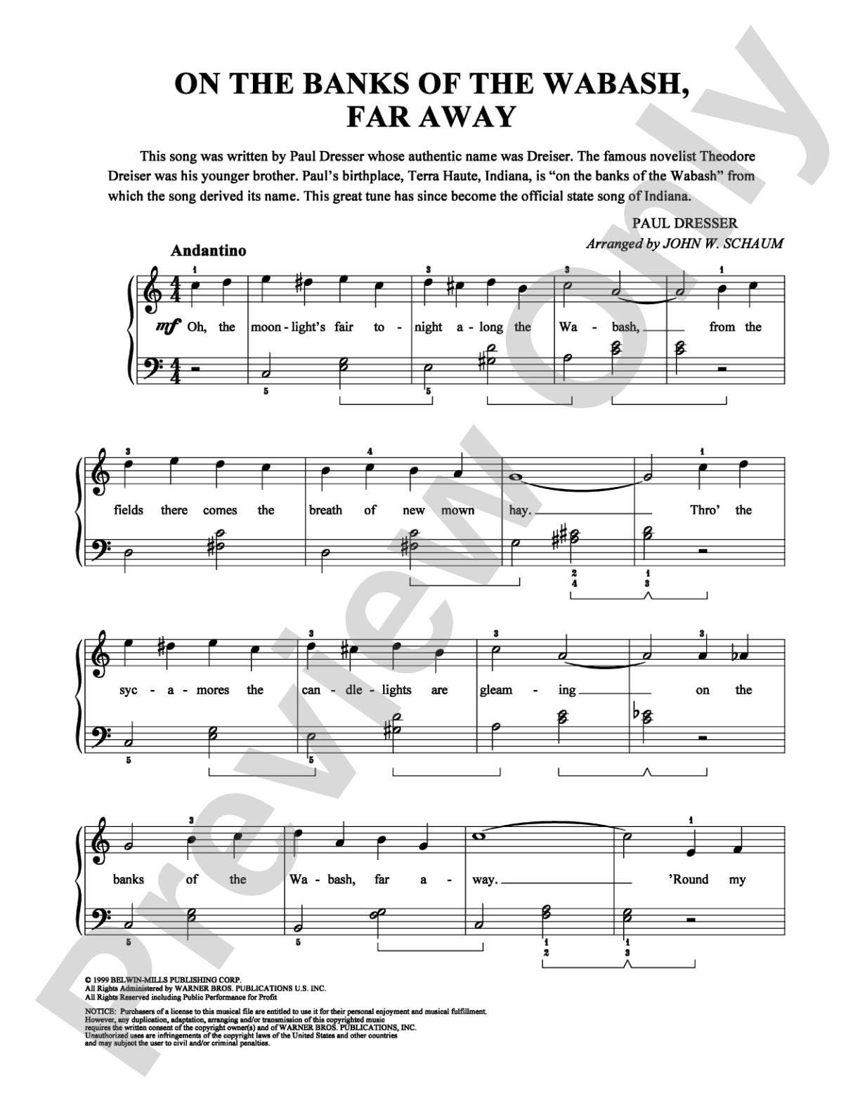 On the Banks of the Wabash, Far Away: Easy Piano Digital Sheet Music