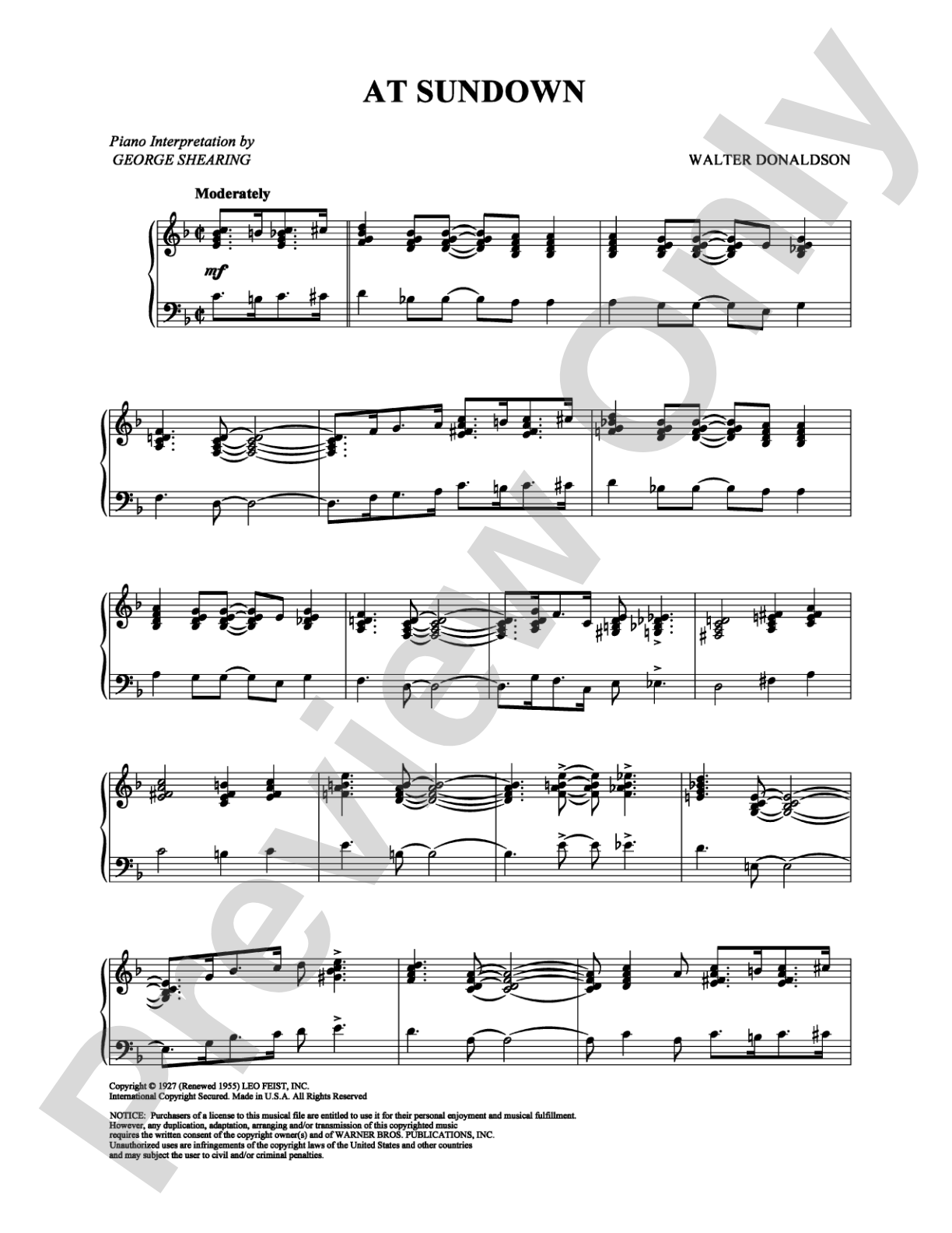 At Sundown: Piano Digital Sheet Music