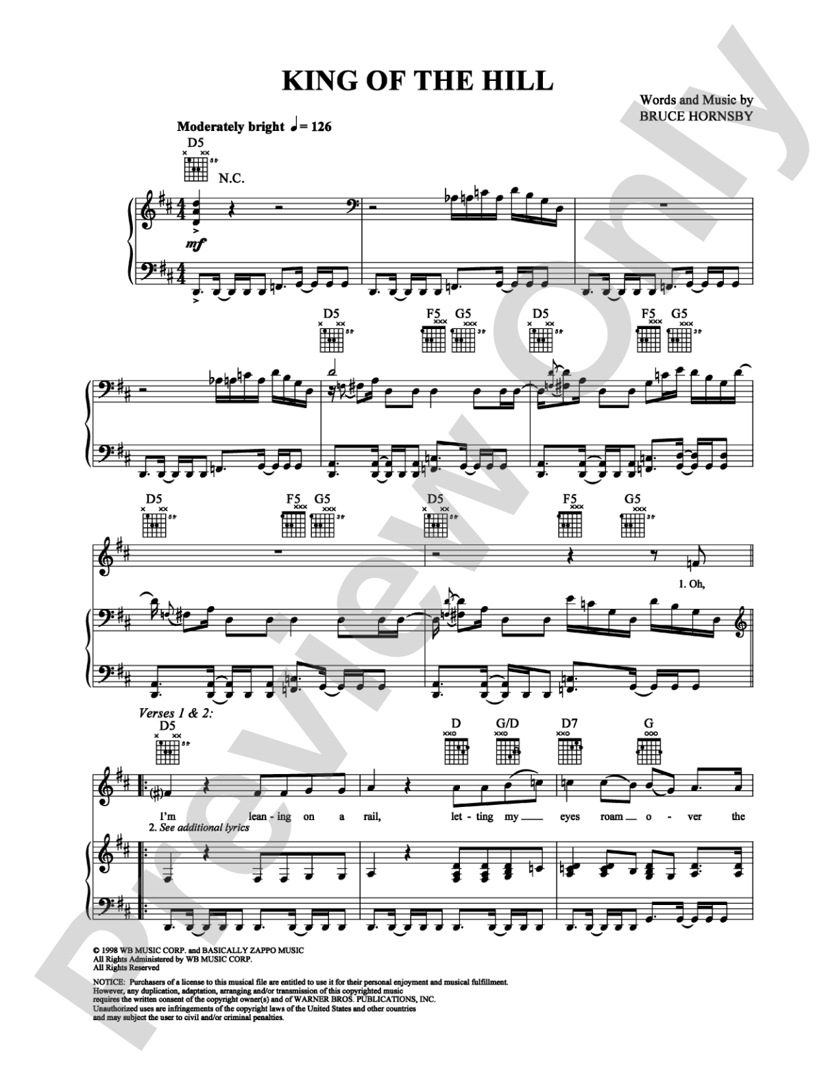 King of the Hill: Piano/Vocal/Chords Digital Sheet Music