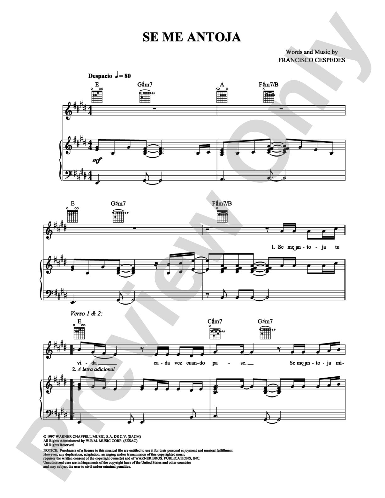 Se me Antoja: Piano/Vocal/Chords Digital Sheet Music