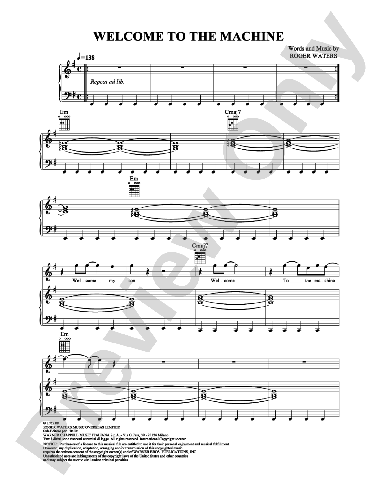 Welcome to the Machine: Piano/Vocal/Chords Digital Sheet Music