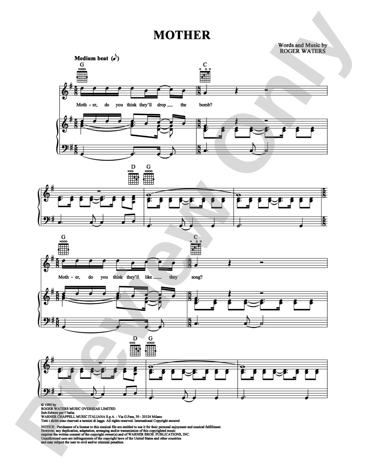 Mother: Piano/Vocal/Chords Digital Sheet Music