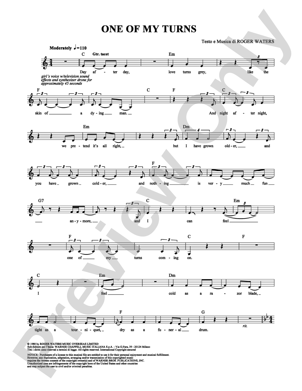 One of My Turns: Guitar TAB Digital Sheet Music