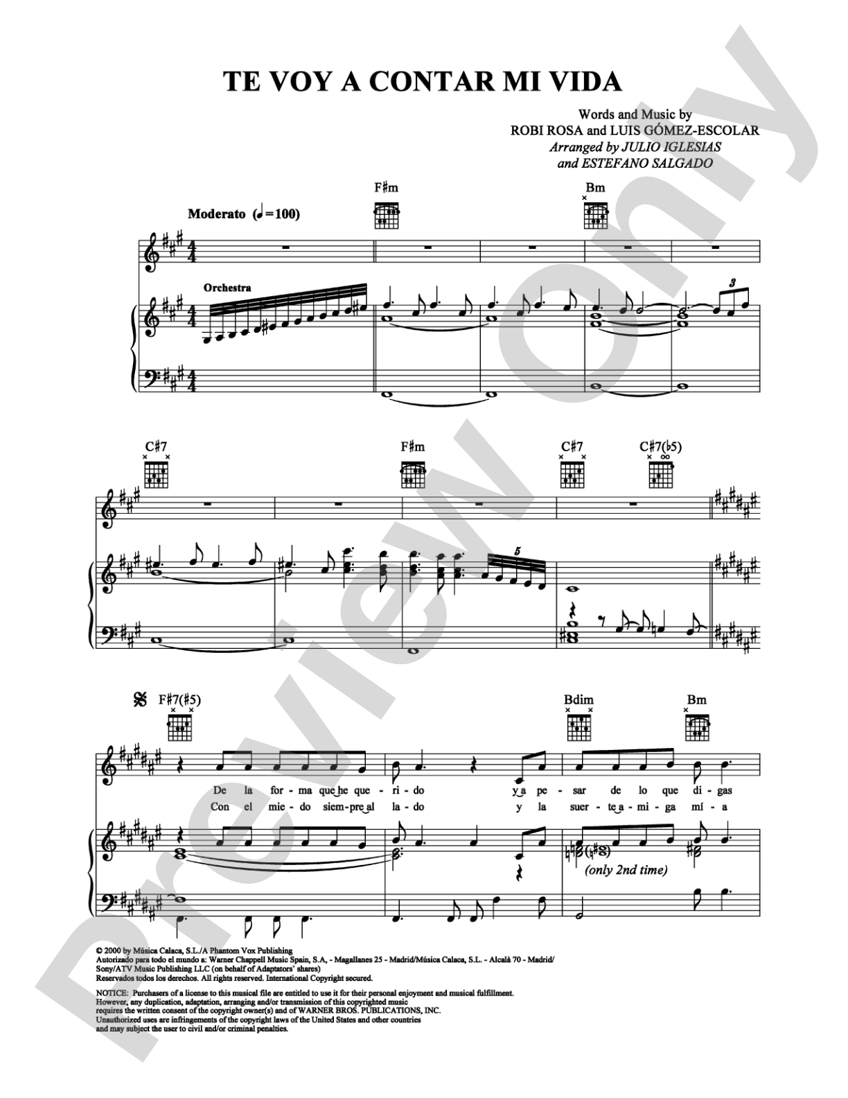 Te Voy a Contar Mi Vida: Piano/Vocal/Chords Digital Sheet Music