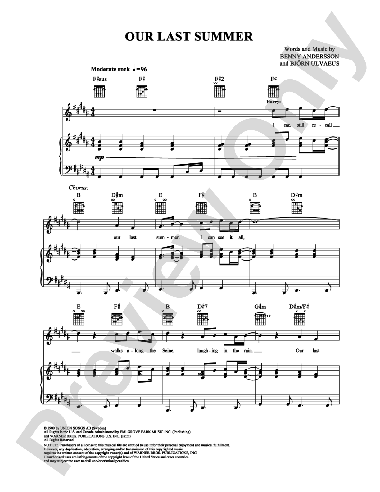 Our Last Summer: Piano/Vocal/Chords Digital Sheet Music