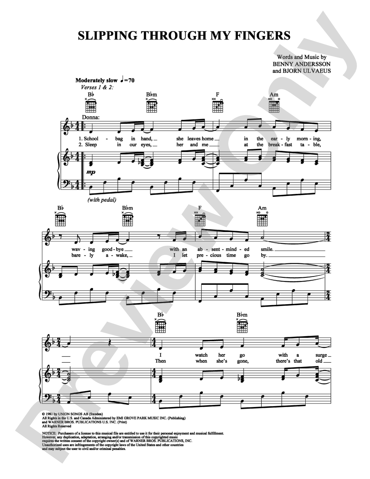 Slipping through My Fingers: Piano/Vocal/Chords Digital Sheet Music