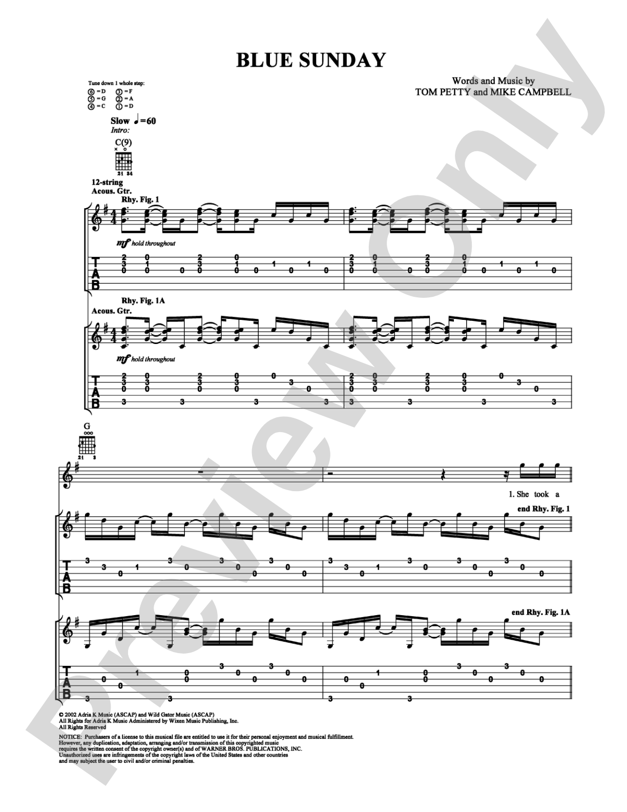 Blue Sunday: Guitar TAB Digital Sheet Music