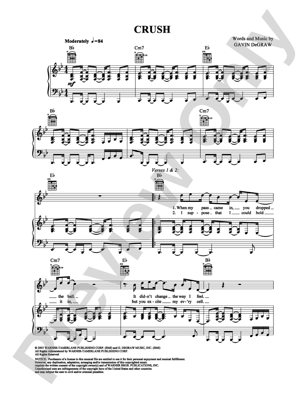 Crush: Piano/Vocal/Chords Digital Sheet Music