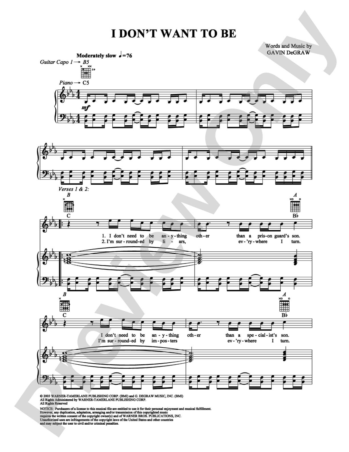 I Don't Want To Be: Piano/Vocal/Chords Digital Sheet Music