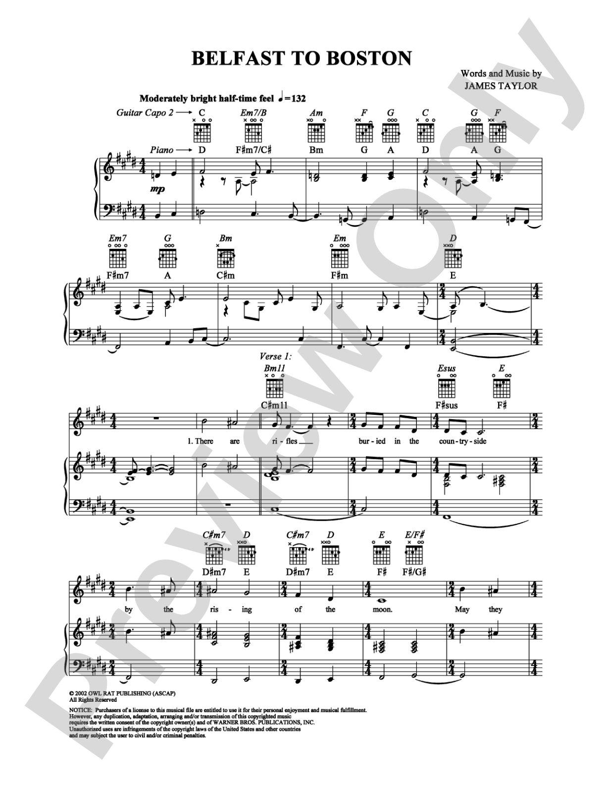 Belfast to Boston: Piano/Vocal/Chords Digital Sheet Music