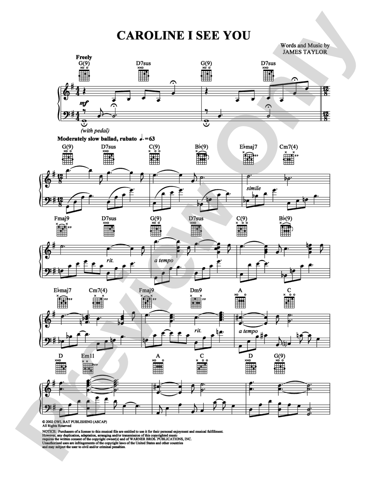 Caroline I See You: Piano/Vocal/Chords Digital Sheet Music