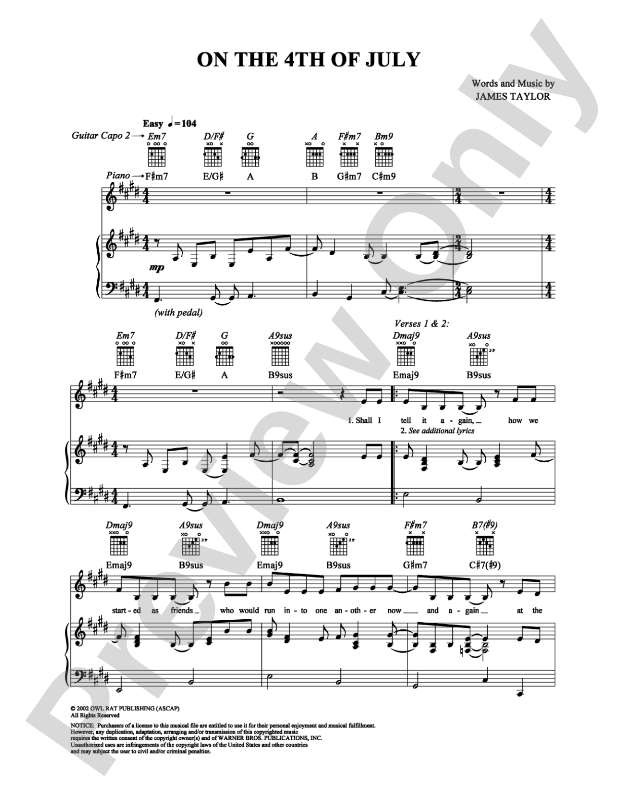 On the 4th of July: Piano/Vocal/Chords Digital Sheet Music
