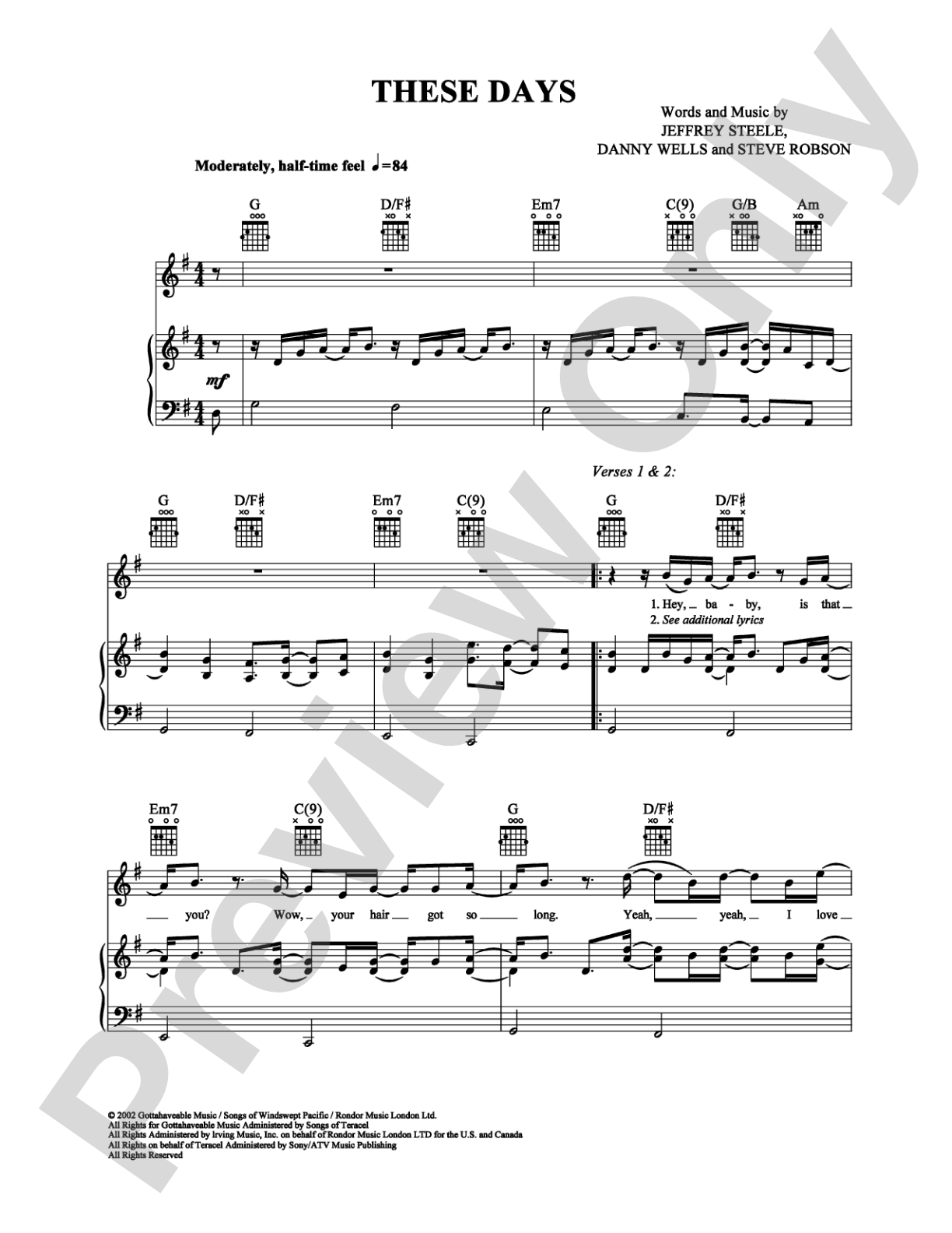 These Days: Piano/Vocal/Chords Digital Sheet Music