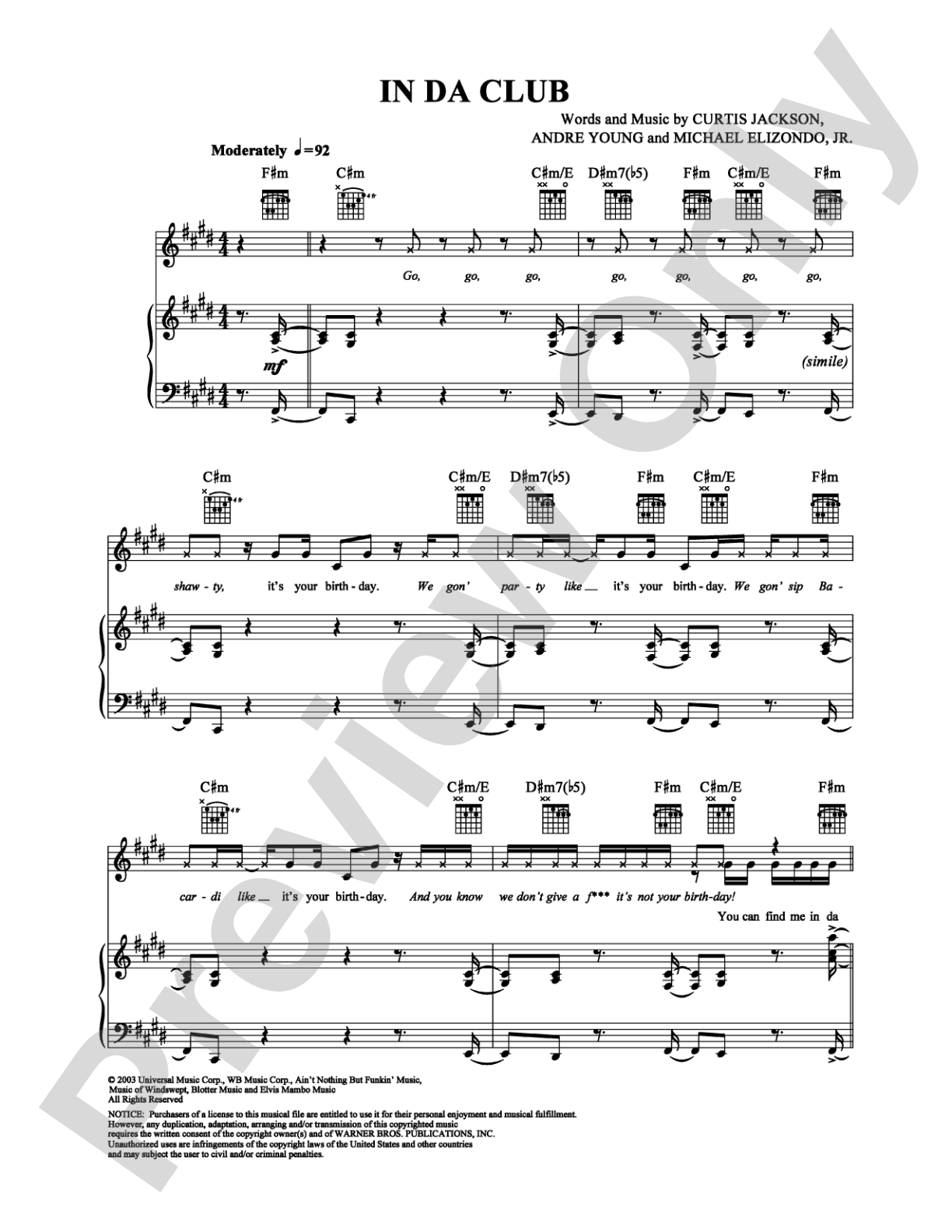 In da Club: Piano/Vocal/Chords Digital Sheet Music