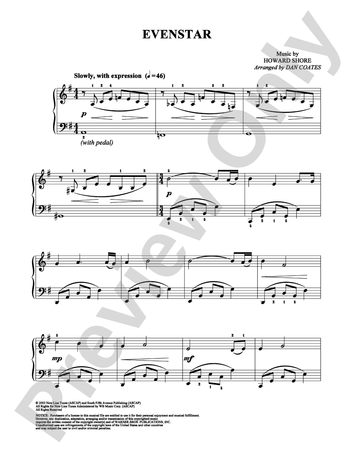 Evenstar: Easy Piano Digital Sheet Music