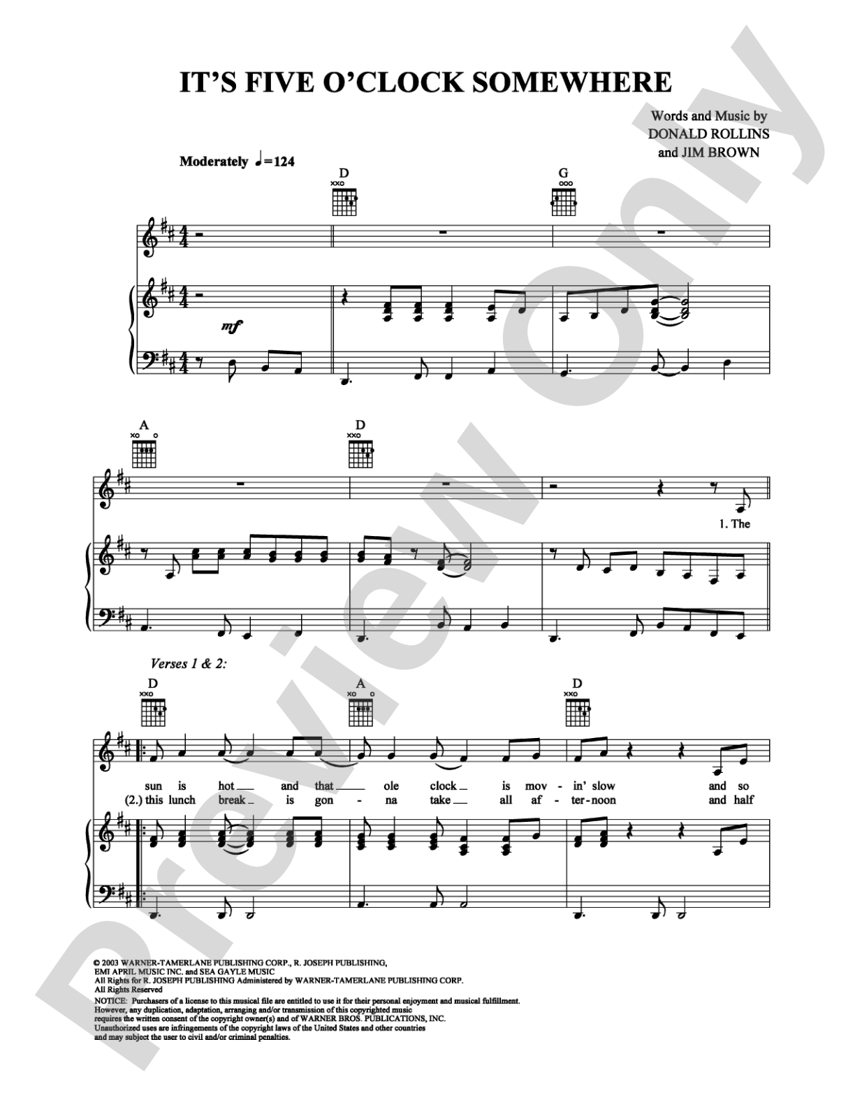 It's Five O'Clock Somewhere: Piano/Vocal/Chords Digital Sheet Music