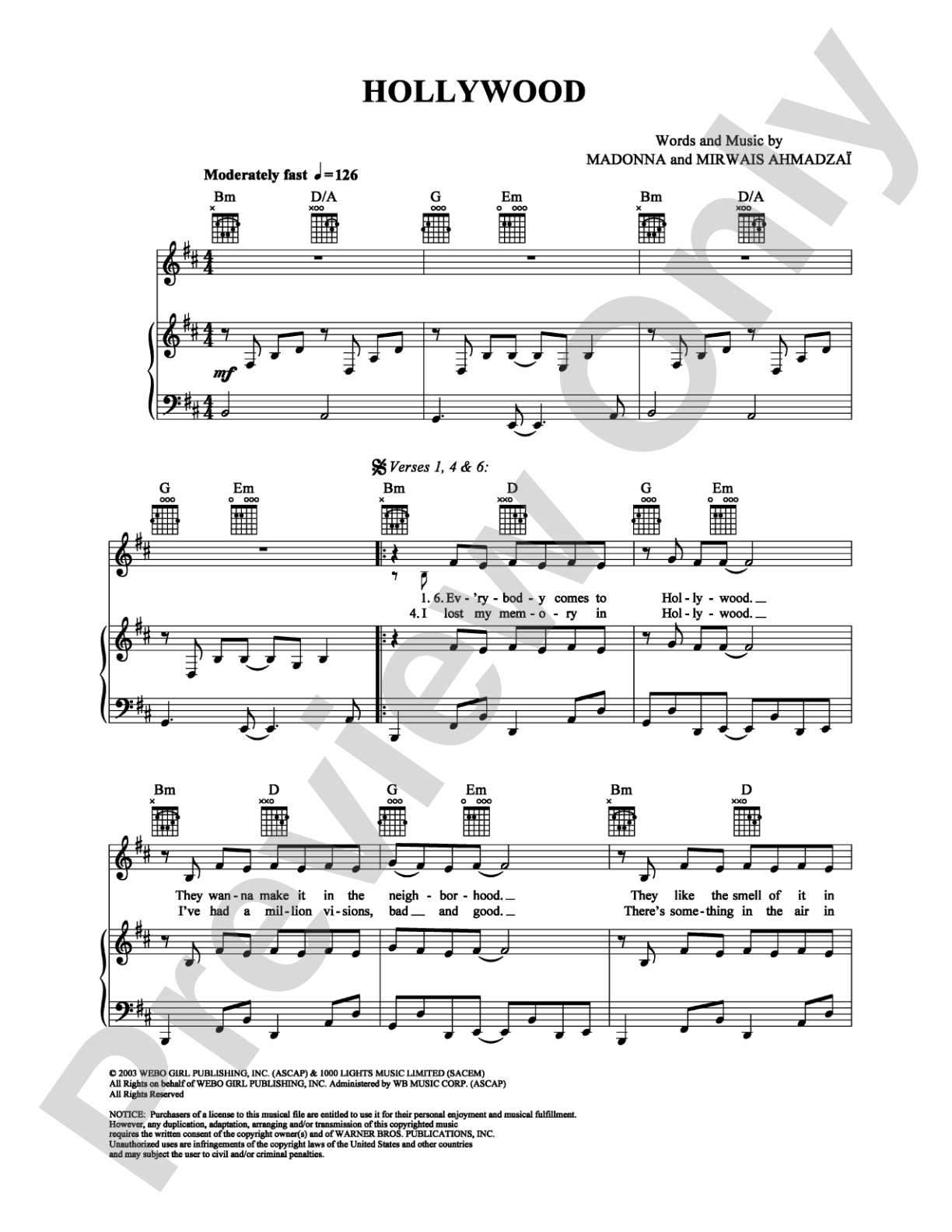 Hollywood: Piano/Vocal/Chords Digital Sheet Music