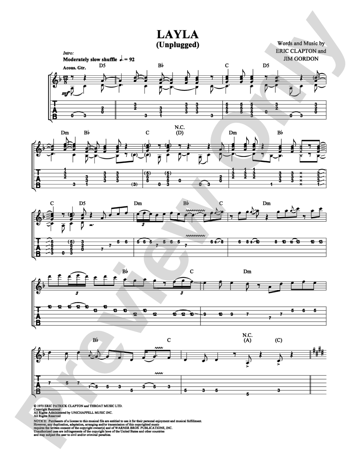 Layla (Unplugged): Guitar TAB Digital Sheet Music