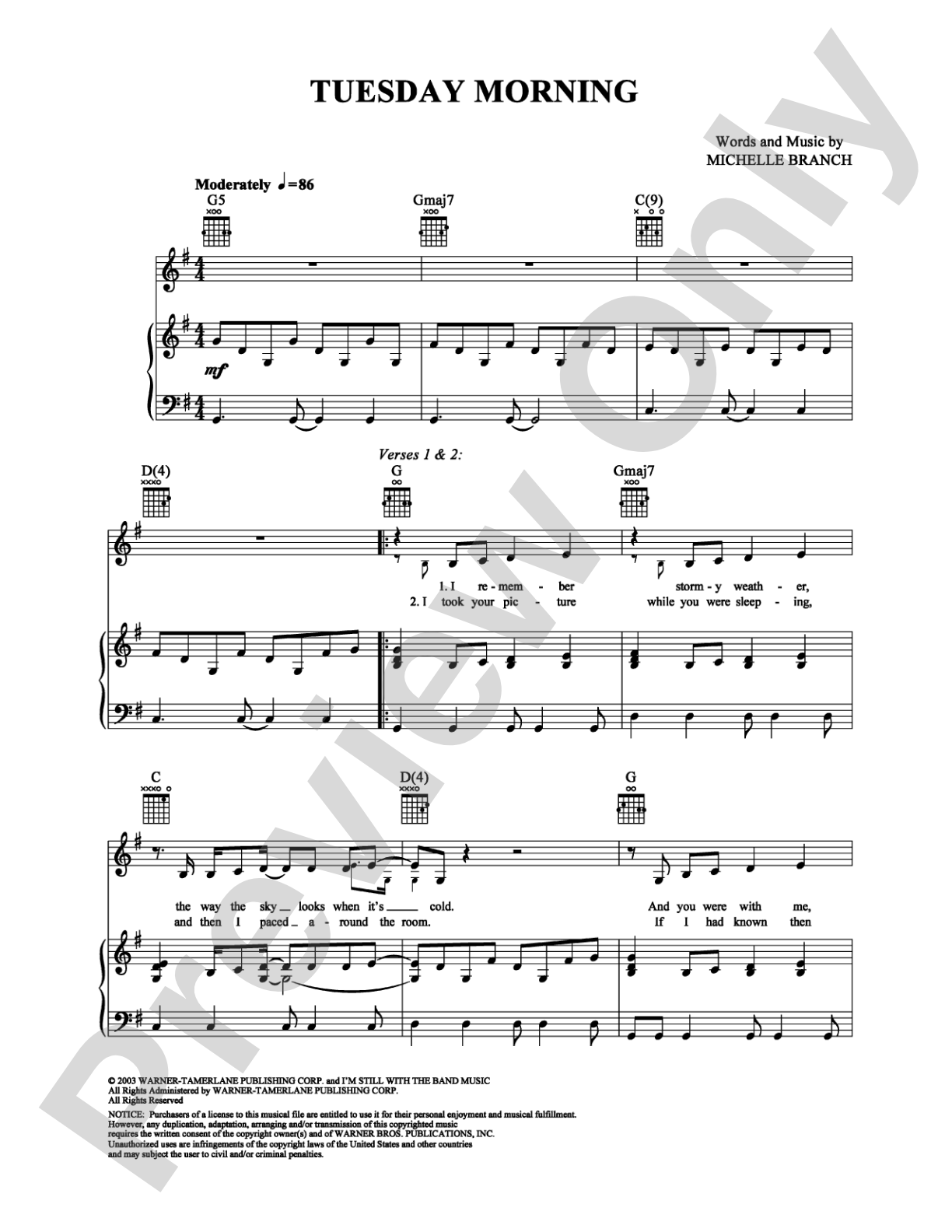 Tuesday Morning: Piano/Vocal/Chords Digital Sheet Music