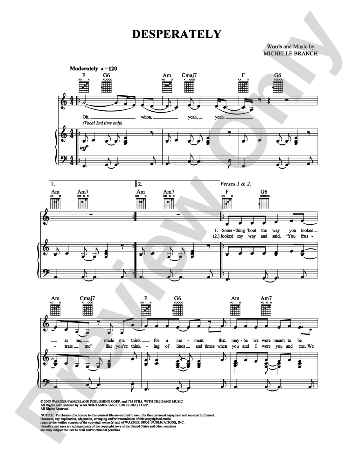Desperately: Piano/Vocal/Chords Digital Sheet Music