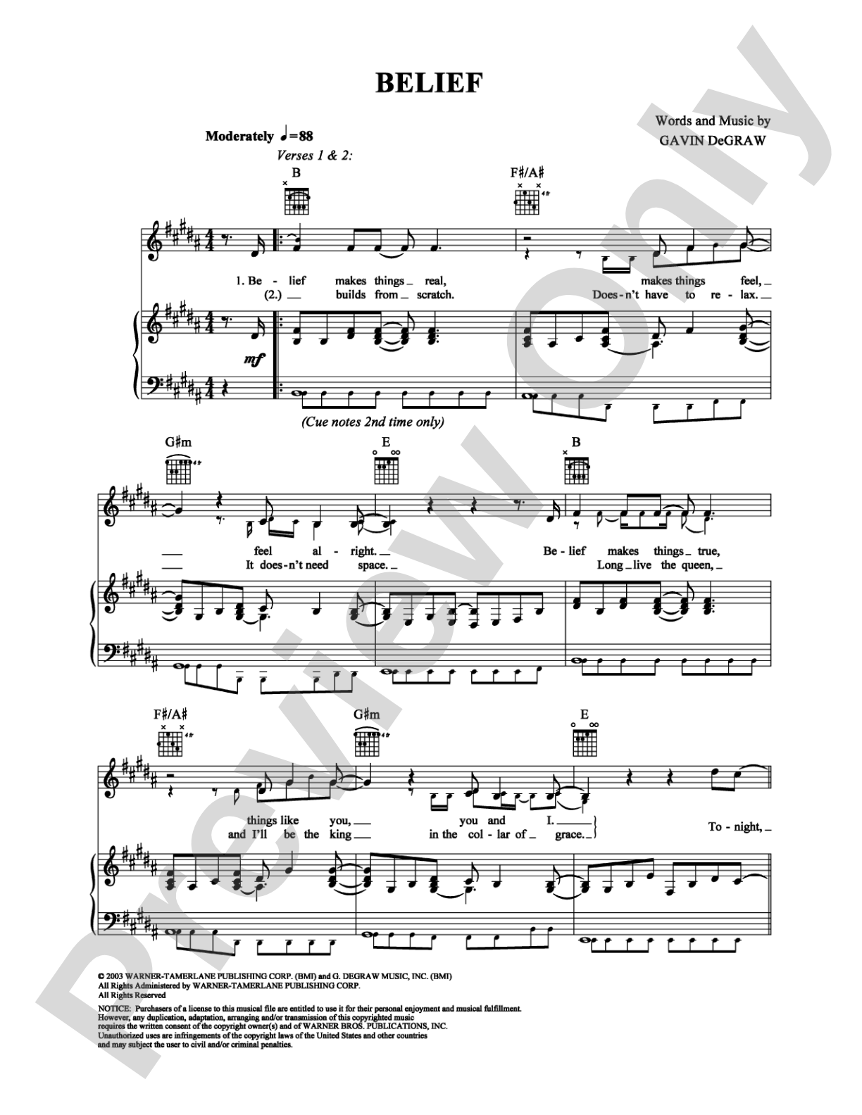 Belief: Piano/Vocal/Chords Digital Sheet Music