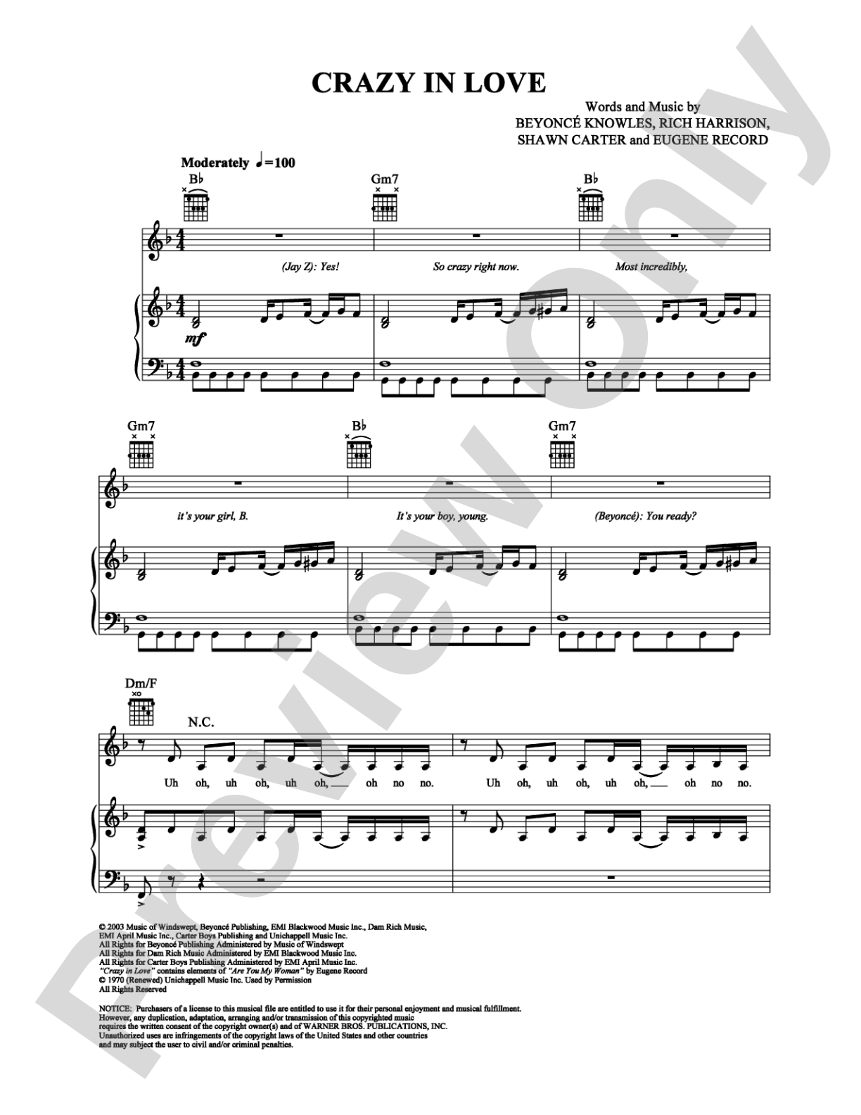 Crazy in Love: Piano/Vocal/Chords Digital Sheet Music