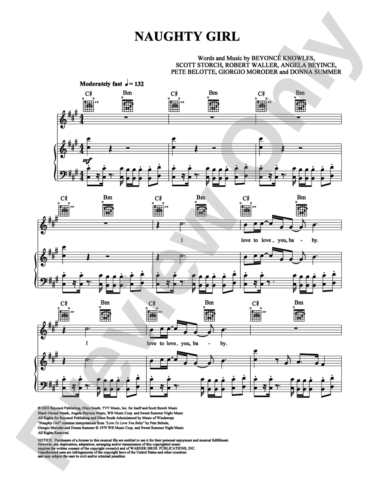 Naughty Girl: Piano/Vocal/Chords Digital Sheet Music